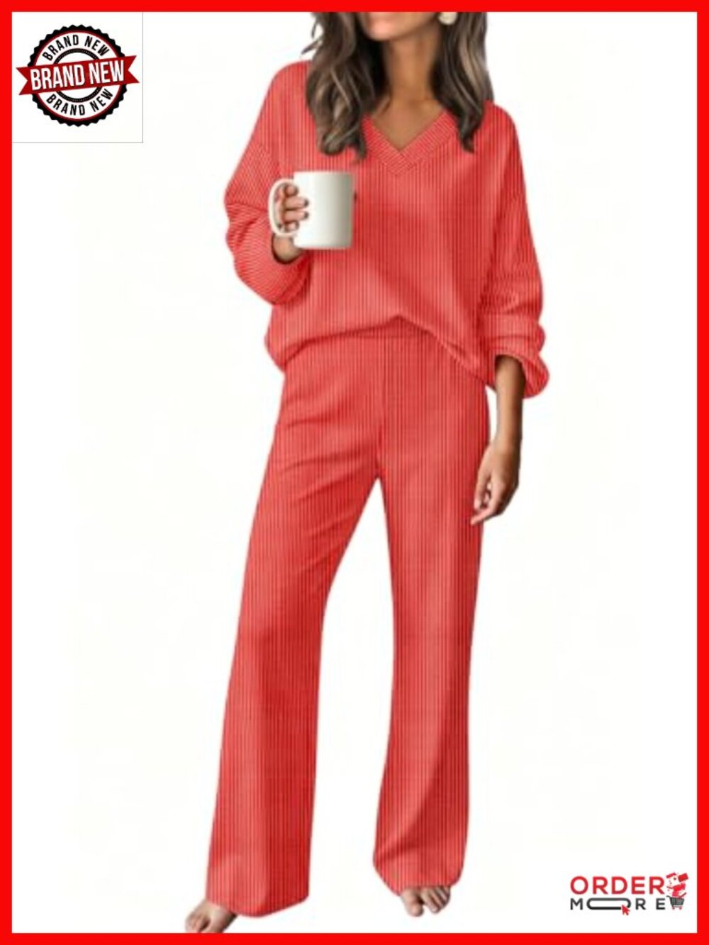 Ribbed Knit Lounge Set V Neck Top Straight Leg Pants Travel